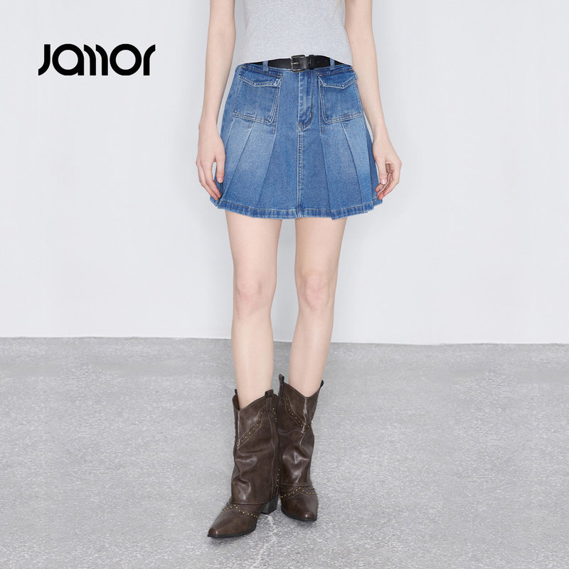 Jamor简约纯色半身裙2026春季新款时尚辣妹甜酷牛仔百褶裙