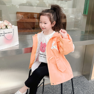 女童中长款风衣2024新款儿童春秋款连帽收腰外套宝宝双层早春上衣
