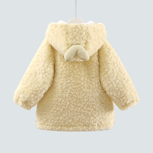 女童韩系加绒外套2026新款儿童连帽毛毛衣女宝宝中长款仿兔毛大衣
