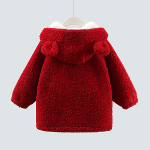 女童加绒外套秋冬新款儿童连帽加厚红色仿兔毛大衣宝宝保暖毛毛衣