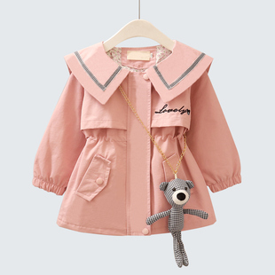 女童风衣外套秋款2026新款儿童韩版春秋中长款学院风宝宝收腰上衣