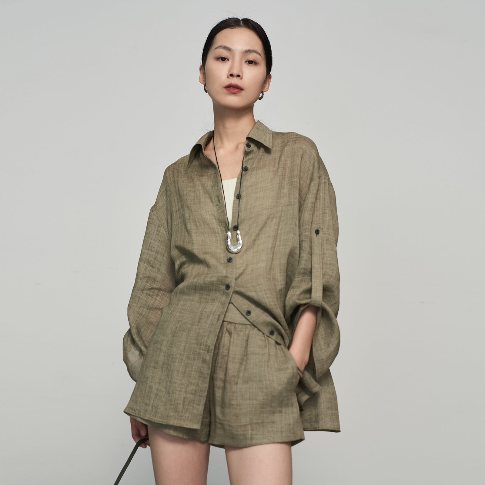 CMORE 高支高密苎麻宽松廓形防晒oversize衬衫长袖高腰短裤女套装