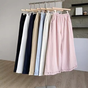 九分裤 女宽松花边裤 高腰松紧腰显瘦休闲阔腿裤 棉质2025年春夏新款