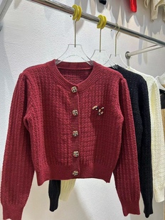 小香风短款针织开衫加厚重工镶钻纽扣收腰显瘦女士外套毛衣泡泡袖