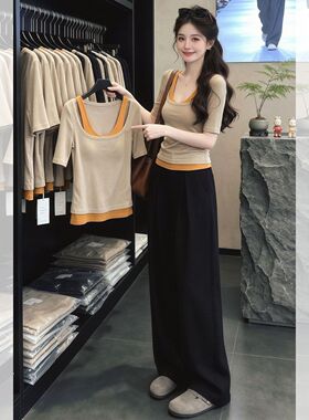 杏色拼橙色假两件圆领短袖修身T恤2026夏季多巴胺穿搭巨好看上衣