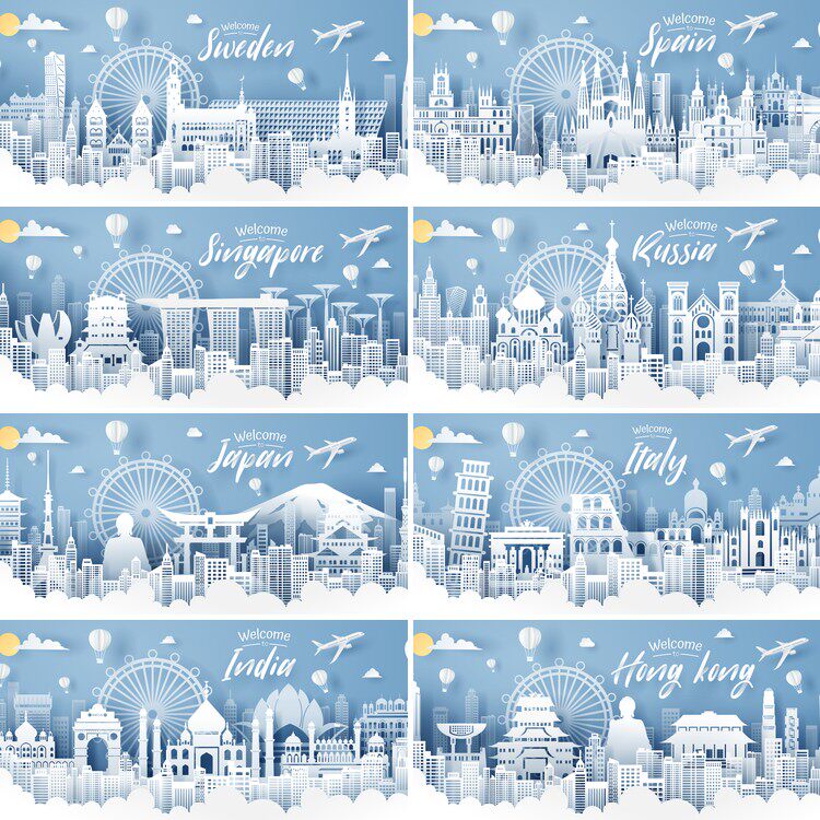 9套 梦幻城堡城市雪地场景插画ai矢量设计素材海报背景大图