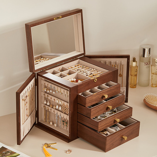 木质多层首饰收纳盒超大容量耳钉耳环项链手串珠宝盒饰品收纳神器