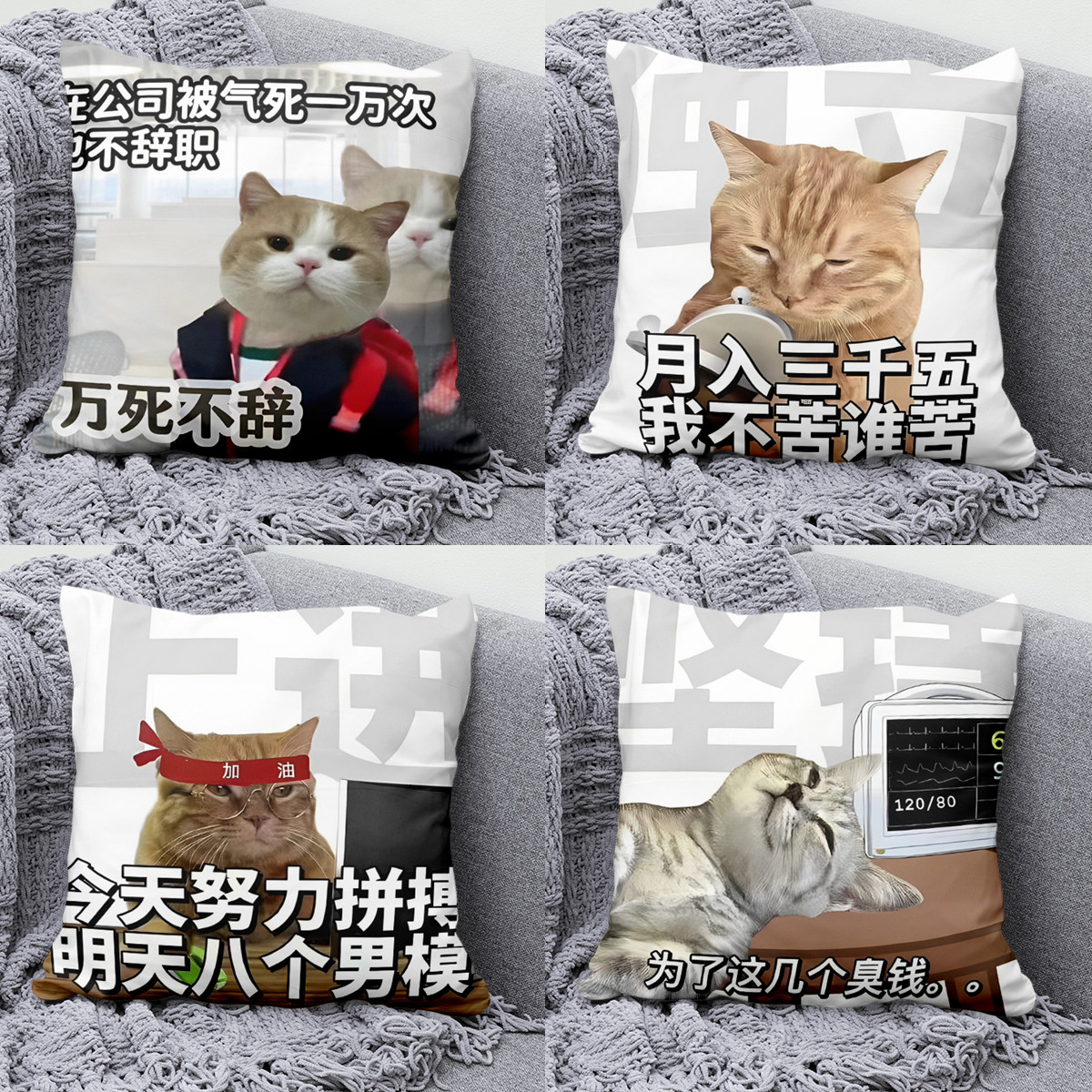 励志猫咪抱枕办公室靠垫打工人枕头创意卡通方形沙发腰垫宿舍抱枕