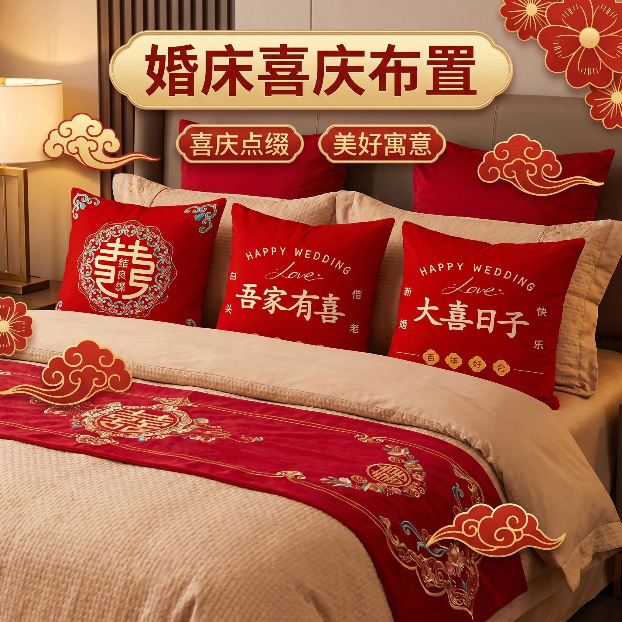 中式喜庆结婚喜字双面抱枕卧室婚房沙发床头靠垫装饰婚庆靠枕枕套图片