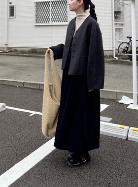 AULDCAT 2025FW 羊绒羊毛杂灰色小v领双面尼短大衣 宽松外套