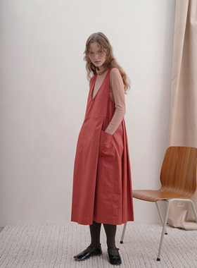 AULDCAT/2022FW 前后两穿豆沙玫瑰色日系多褶背心裙长裙