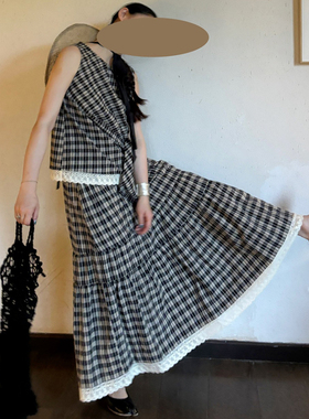 AULDCAT 2025SS 日系黑米格纹蕾丝边套装