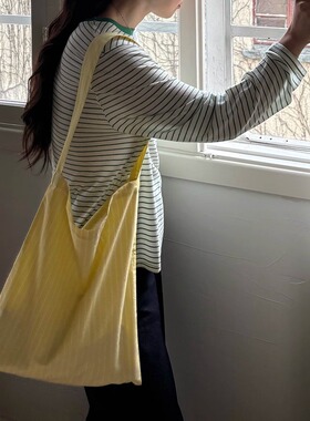 AULDCAT 2024FW  纯棉宽肩带大容量单肩包 柠檬黄条纹 偏光粉