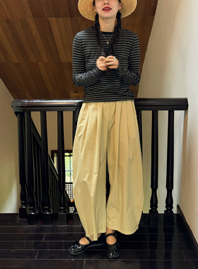 AULDCAT 2024 简约百搭打褶显瘦长裤休闲裤 松紧腰长裤