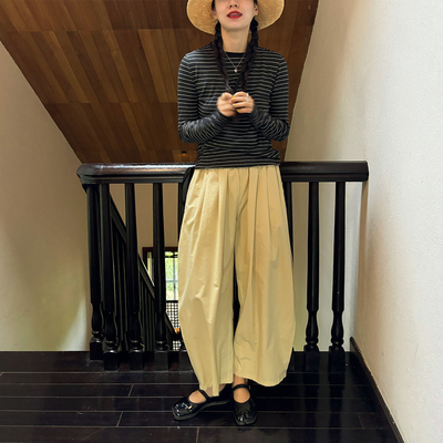 AULDCAT百搭打褶松紧腰长裤