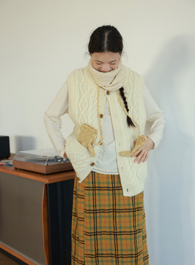 AULDCAT 2024FW  100粗纺羊毛粗针绞花复古针织马夹 古董背心