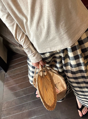 AULDCAT 2025SS 丝麻混纺朝阳格松紧腰翻边日系阔腿裤