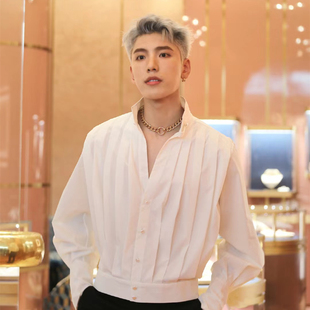 王子异同款春秋白色短款夹克长袖衬衣外套韩风精致休闲纯色衬衫男