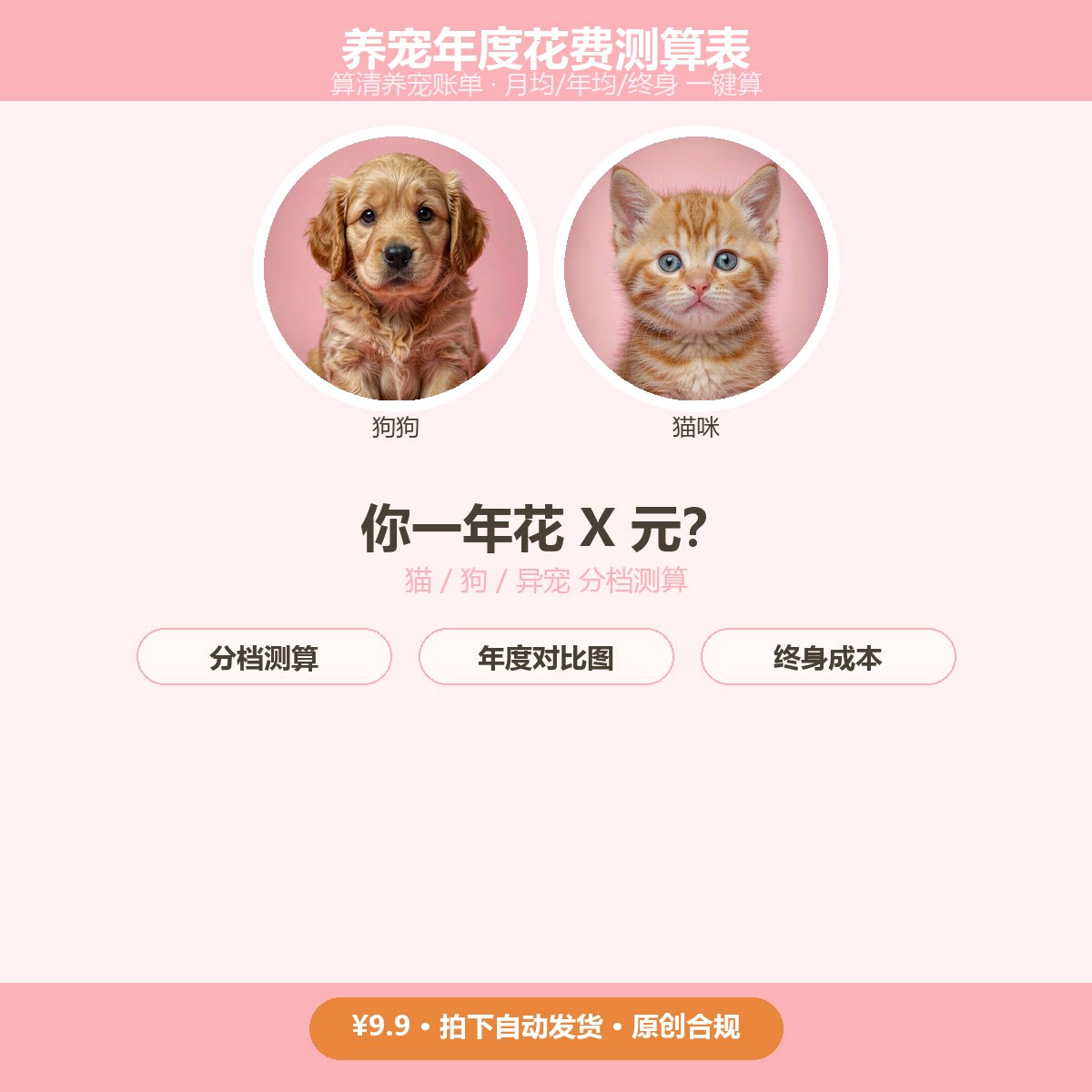 养宠成本测算表 算清每月花多少 猫狗异宠分档年度对比图电子模板