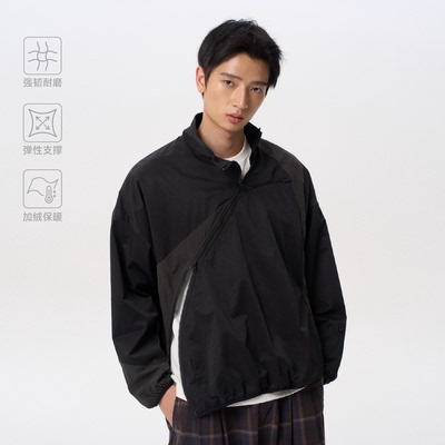 CONTRAFIEND「斜拉链」日本精梳丝光短宽外套男立领加绒厚实夹克