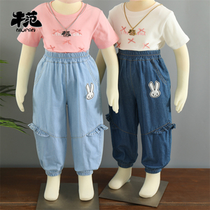 牛范童装全棉牛仔裤女童裤子夏季薄款防蚊裤女宝宝新款束脚裤宽松