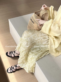 【GRACETINA HOO】法式松弛感印花重工压褶休闲百搭半身裙39%天丝