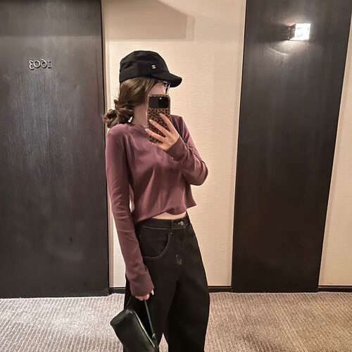 Ru1Ru1 jennie同款短款圆领长袖T恤女早秋新款舒适休闲百搭上衣