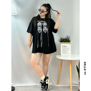 七月原创潮牌~老爹鞋系带短袖大码欧货大版t恤女长款胖mm遮肚洋气