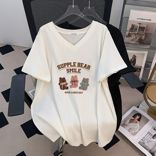 七月原创特大女装~V领加肥款款大码宽松显瘦中长短袖T恤女上衣夏