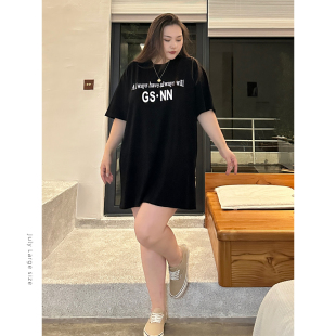 潮牌专遮肚子短袖 七月大码 美式 夏季 T恤裙宽松220斤宽松连衣裙 女装