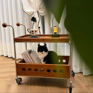 中古风设计师可移动多功能小推车小户型纯实木茶几边几刹车轮储物