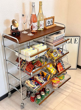 中古风收纳小推车桌下置物架可移动客厅零食车边几茶几收纳架子