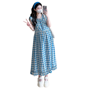 孕期夏装韩版时尚无袖背心裙2024孕妇装格纹棉麻圆领荷叶边连衣裙