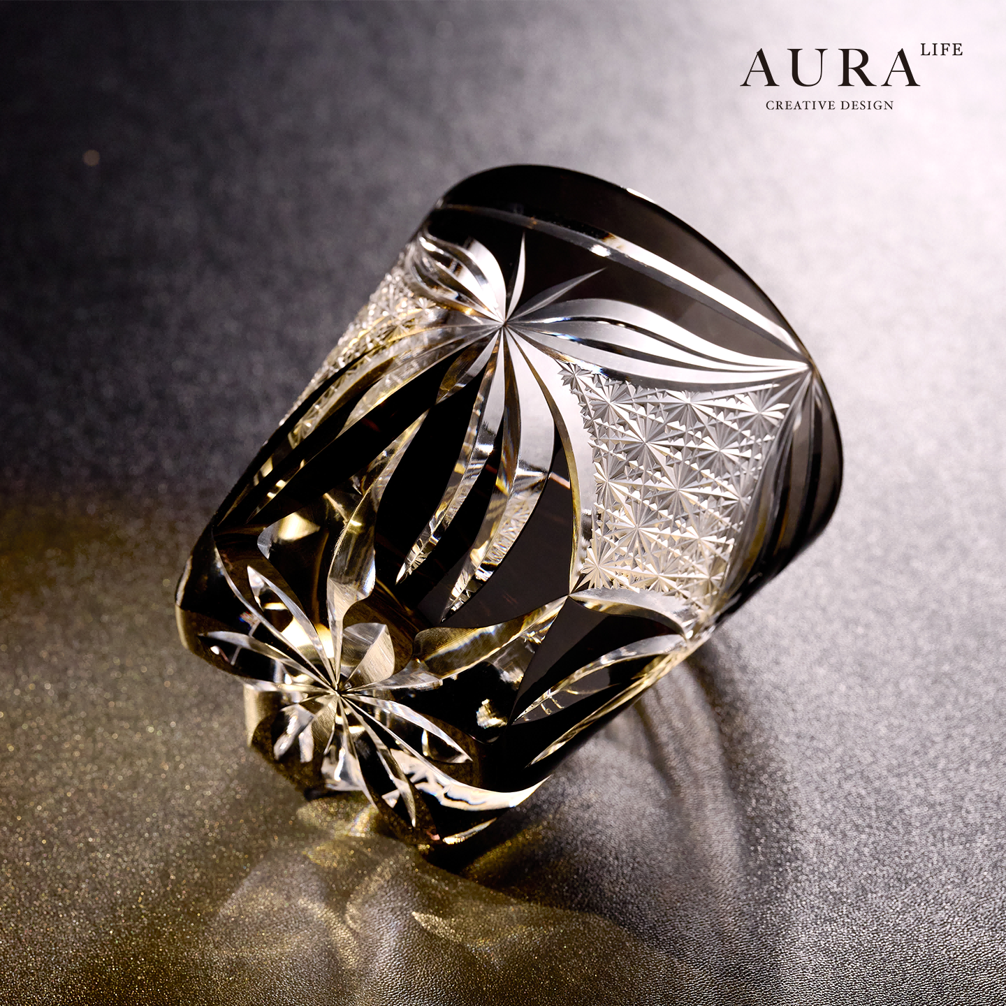 AURA'S江户切子黑色蝴蝶手工雕刻个性轻奢威士忌洋酒杯高档送礼物