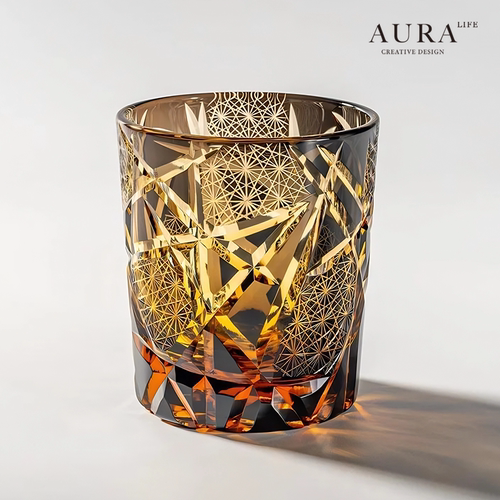 AURA'S高端手工雕刻水晶杯个性闪电江户切子杯威士忌酒杯礼盒装