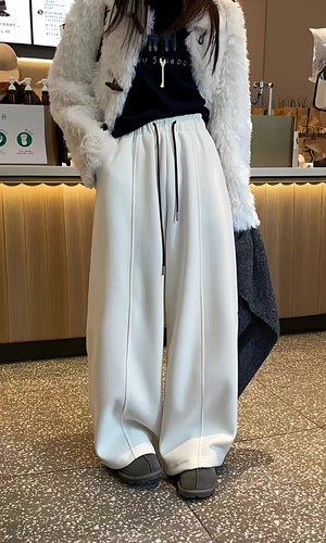 QS898 加绒卫裤女2025冬季阔腿裤小个子高腰拖地裤保暖休闲长裤厚