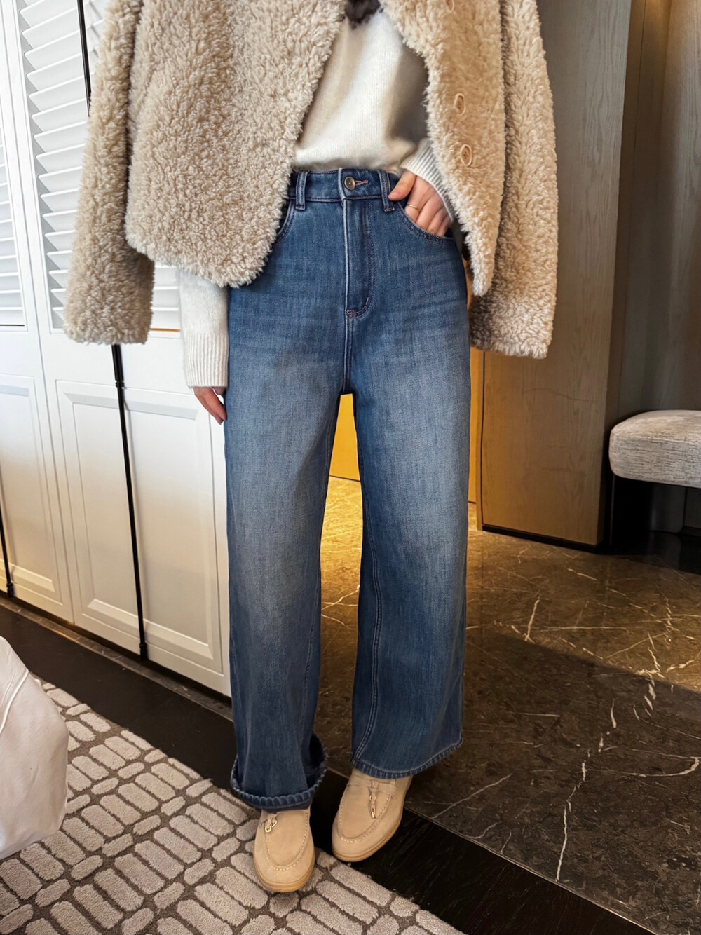 专柜正品BUT50027复古加绒加厚奶奶裤2025冬装新品四面弹力牛仔裤