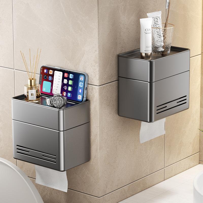 双层纸巾盒太空铝免打孔抽纸盒卫生间纸巾置物架枪灰色壁挂纸巾架