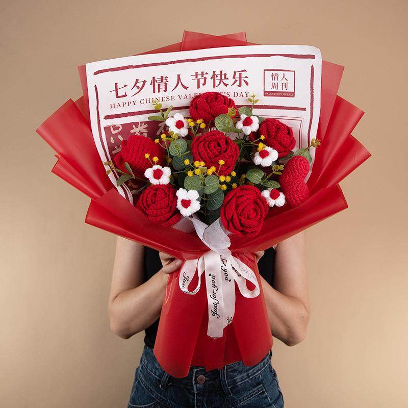 创意手工钩针编织玫瑰仿真毛线花束成品七夕送闺蜜送女友生日礼物,家居饰品,餐桌花艺,淘宝优惠券,粉丝福利购,淘宝优惠卷