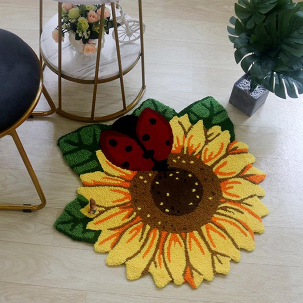 田园甲壳虫向日葵花刺绣地毯可水洗手工太阳花客厅茶几入门创意地