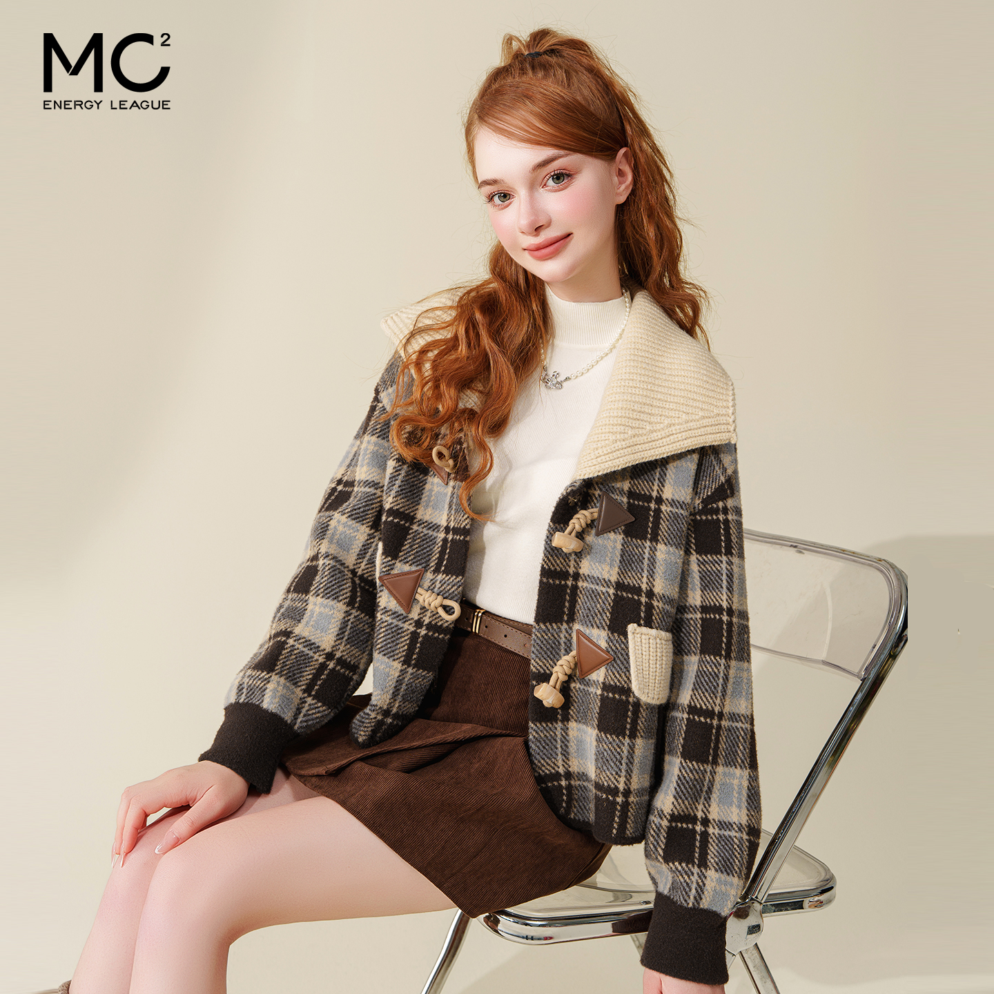 女装可拆毛织领格子仿呢外套