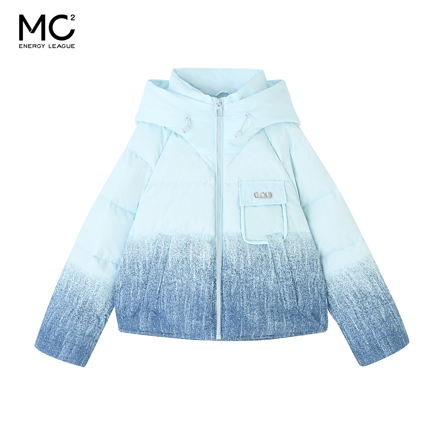 女装连帽蓝色渐变印花设计羽绒服