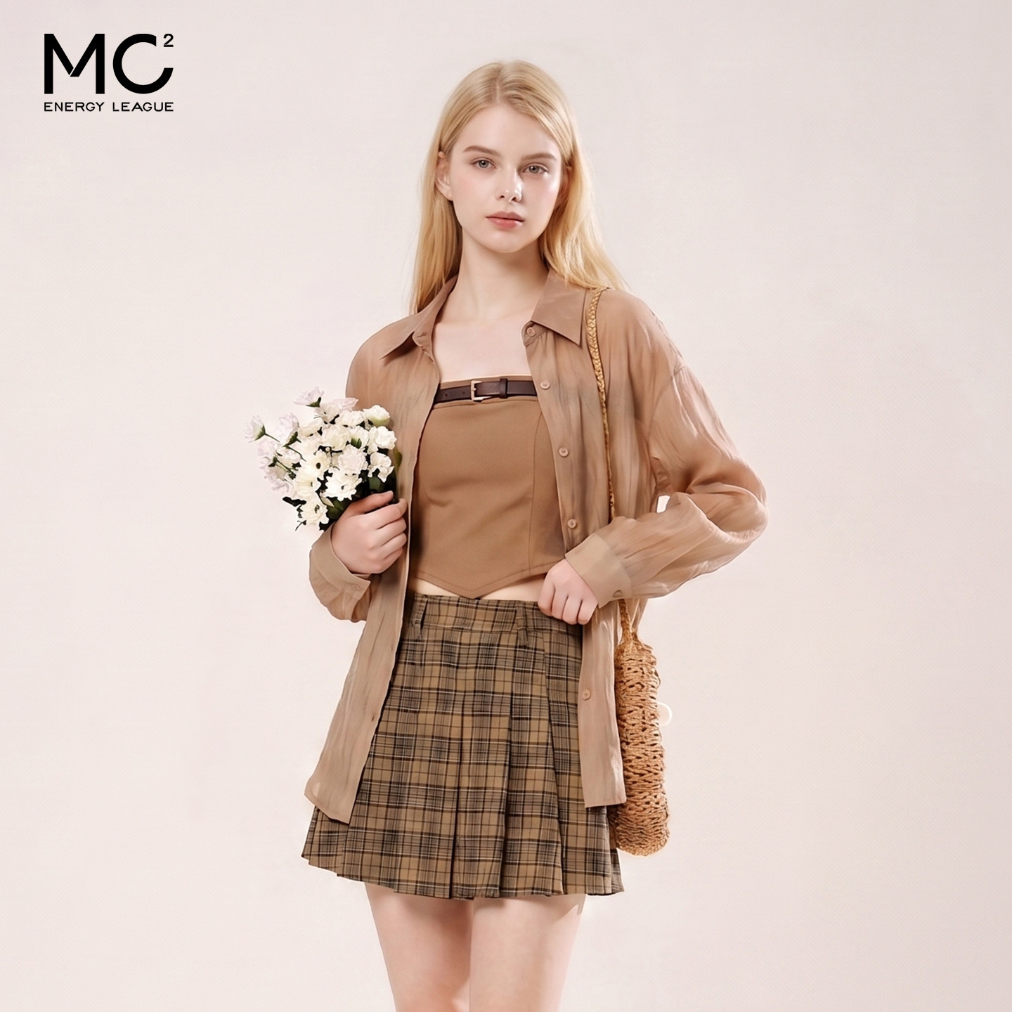 mc2轻薄外披配吊带加格子百褶裙三件套女夏季新款甜辣风穿搭