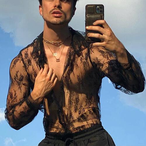 新款男士蕾丝长袖衬衣修身时尚性感透视上衣欧美肌肉情趣诱惑