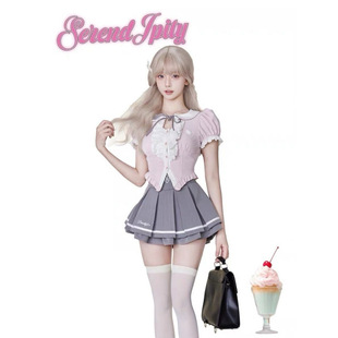 少女椰子 韩院千金夏季新款粉色衬衫上衣+灰色高腰百褶半身裙套装