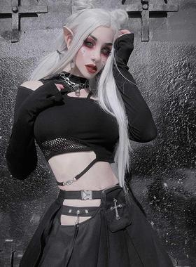 小甜甜暗黑哥特风高级辣妹街头潮人不对称网眼拼接上衣女CF23437