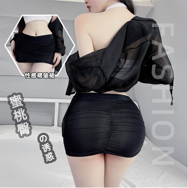 内衣女性感包臀裙心机女紧身褶皱鲍鱼裙透视冰丝诱惑睡裙1307