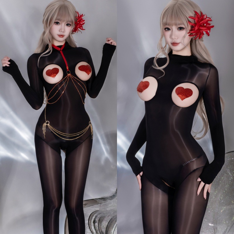 瑰云内衣超薄油亮丝袜连体衣全身性感露胸无缝黑丝女马油