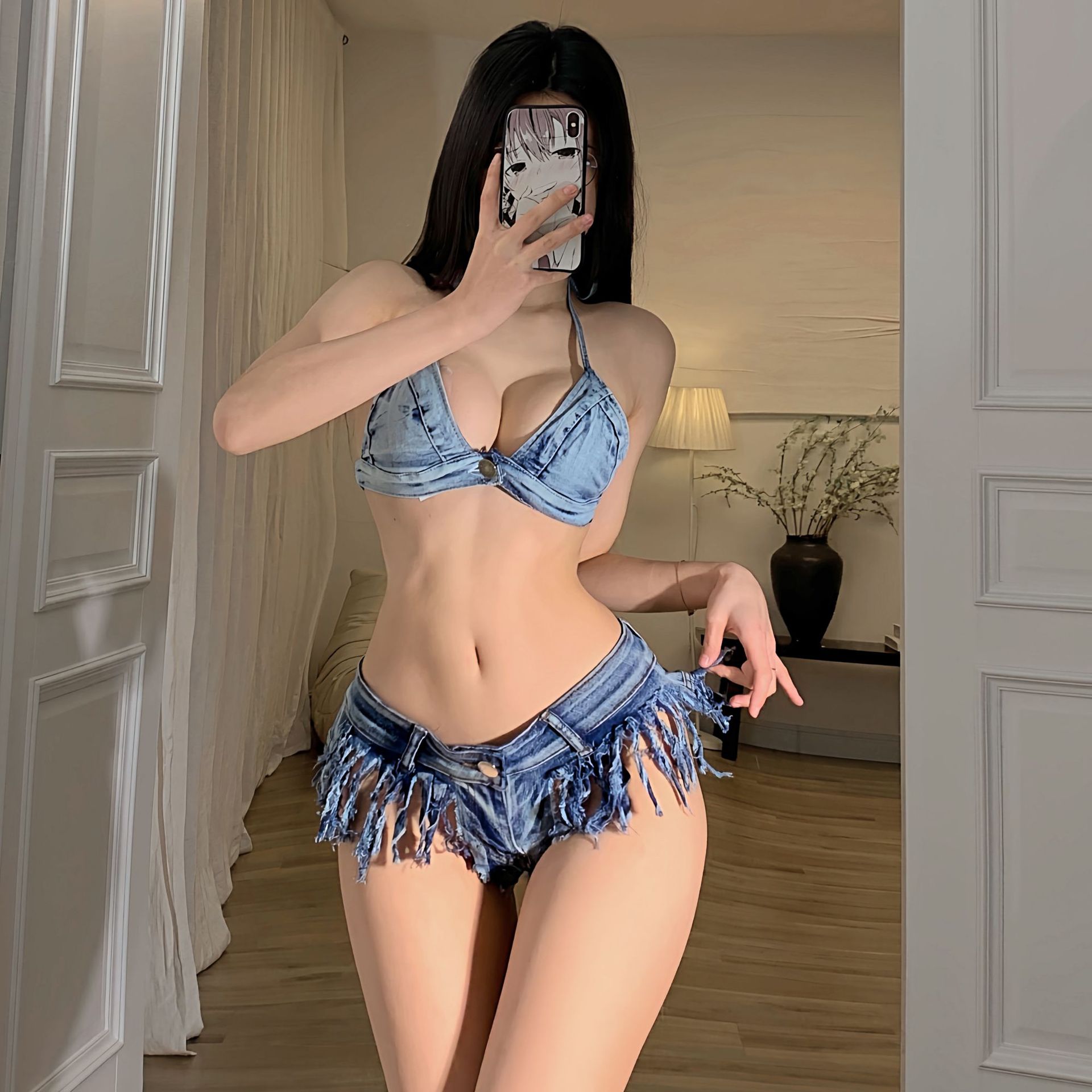 6111#新款夜店女王超辣妹内衣套装一分裤制服诱惑牛仔短裤女