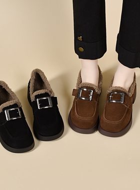 冬季加绒低帮女鞋粗跟保暖深口女款皮鞋真皮绒面女士棉鞋软底鞋子